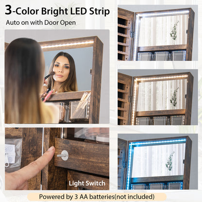 Freestanding Jewelry Cabinet with Full-Length Mirror-Rustic Brown