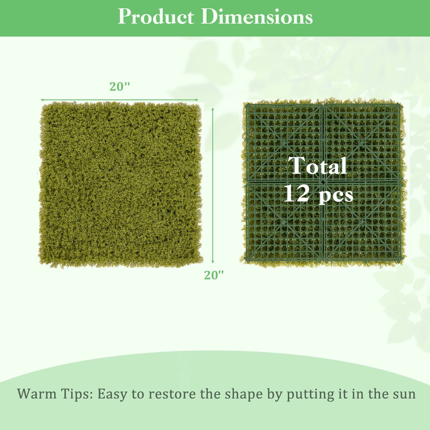 12 Pieces 20 x 20 inches Artificial Grass Wall Panels for Garden Yard Balcony-Light Green Kids Crystal
