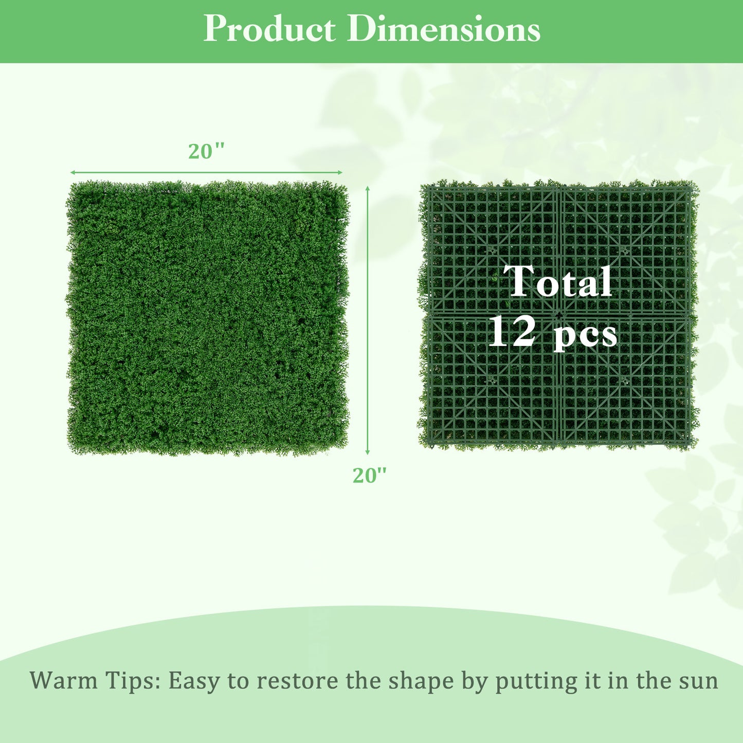 12 Pieces 20 x 20 inches Artificial Grass Wall Panels for Garden Yard Balcony-Green Kids Crystal