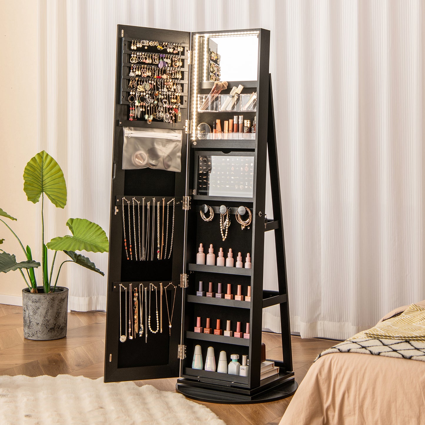 360° Rotating Mirrored Jewelry Cabinet Armoire 3 Color LED Modes Lockable-Black Kids Crystal