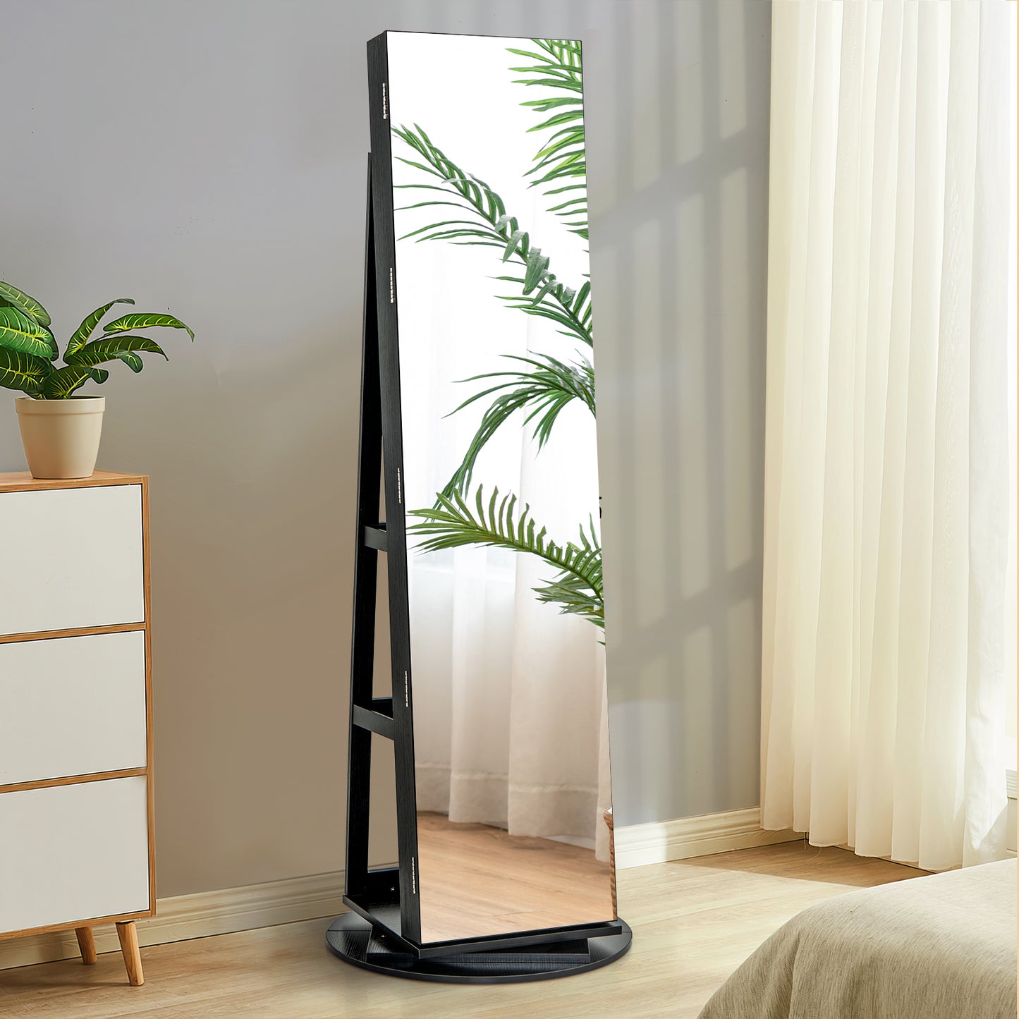 360° Rotating Mirrored Jewelry Cabinet Armoire 3 Color LED Modes Lockable-Black Kids Crystal