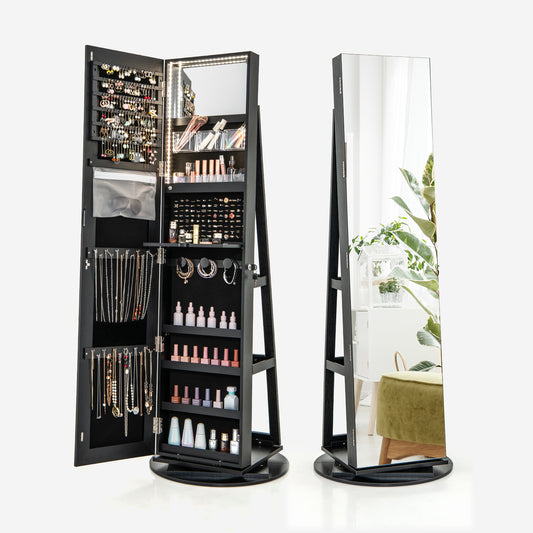 360° Rotating Mirrored Jewelry Cabinet Armoire 3 Color LED Modes Lockable-Black Kids Crystal