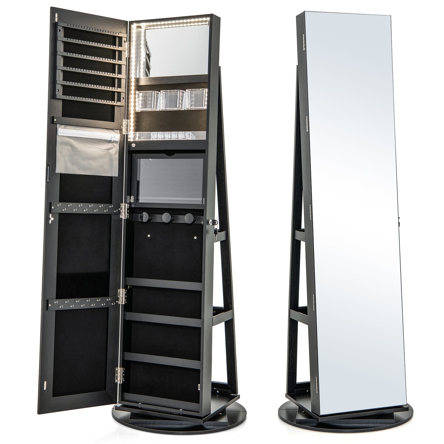 360° Rotating Mirrored Jewelry Cabinet Armoire 3 Color LED Modes Lockable-Black Kids Crystal