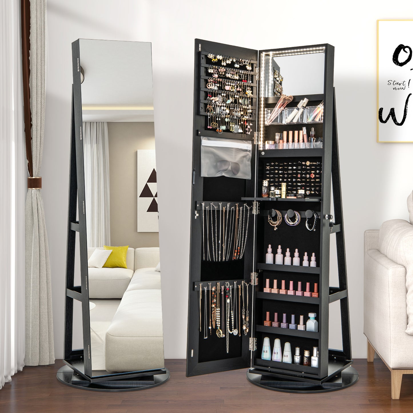 360° Rotating Mirrored Jewelry Cabinet Armoire 3 Color LED Modes Lockable-Black Kids Crystal