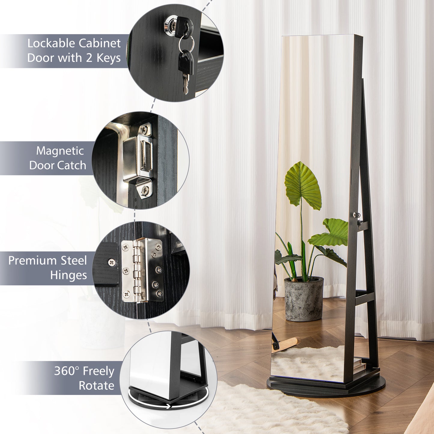 360° Rotating Mirrored Jewelry Cabinet Armoire 3 Color LED Modes Lockable-Black Kids Crystal