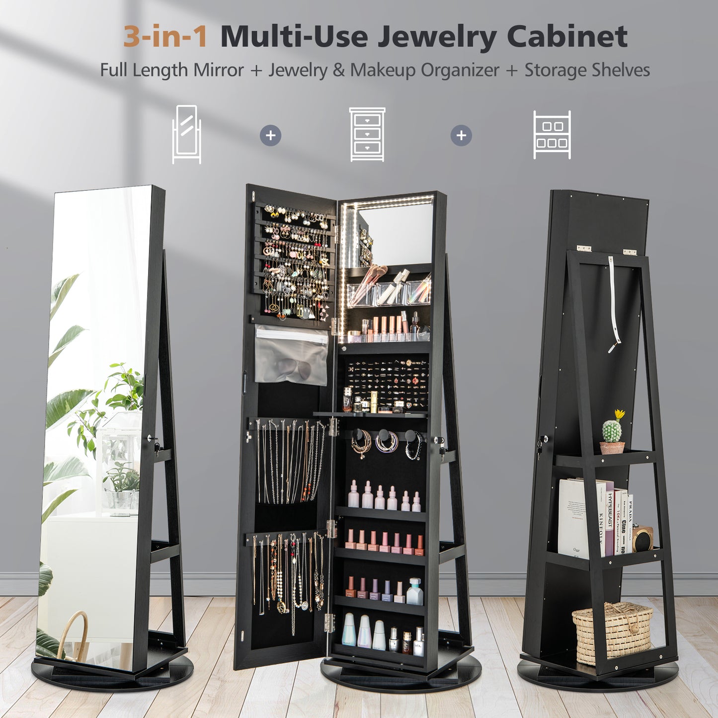 360° Rotating Mirrored Jewelry Cabinet Armoire 3 Color LED Modes Lockable-Black Kids Crystal
