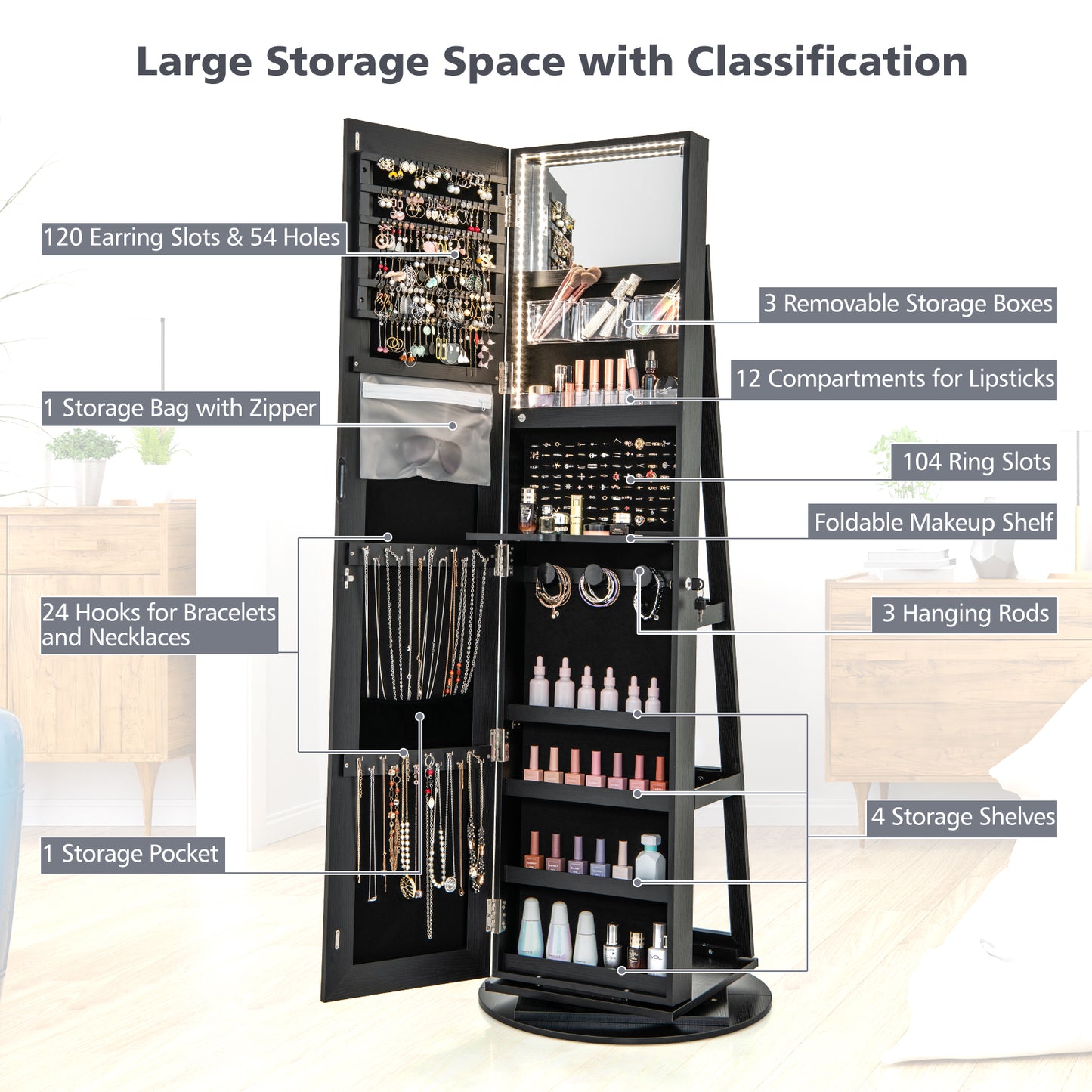 360° Rotating Mirrored Jewelry Cabinet Armoire 3 Color LED Modes Lockable-Black Kids Crystal
