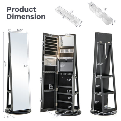 360° Rotating Mirrored Jewelry Cabinet Armoire 3 Color LED Modes Lockable-Black