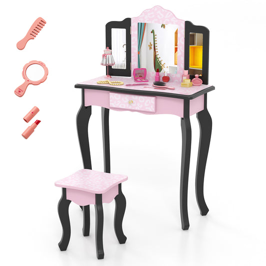 2 in 1 Princess Dressing Table Writing Desk with Cute Leopard Print 3 Makeup Accessories-Pink Kids Crystal