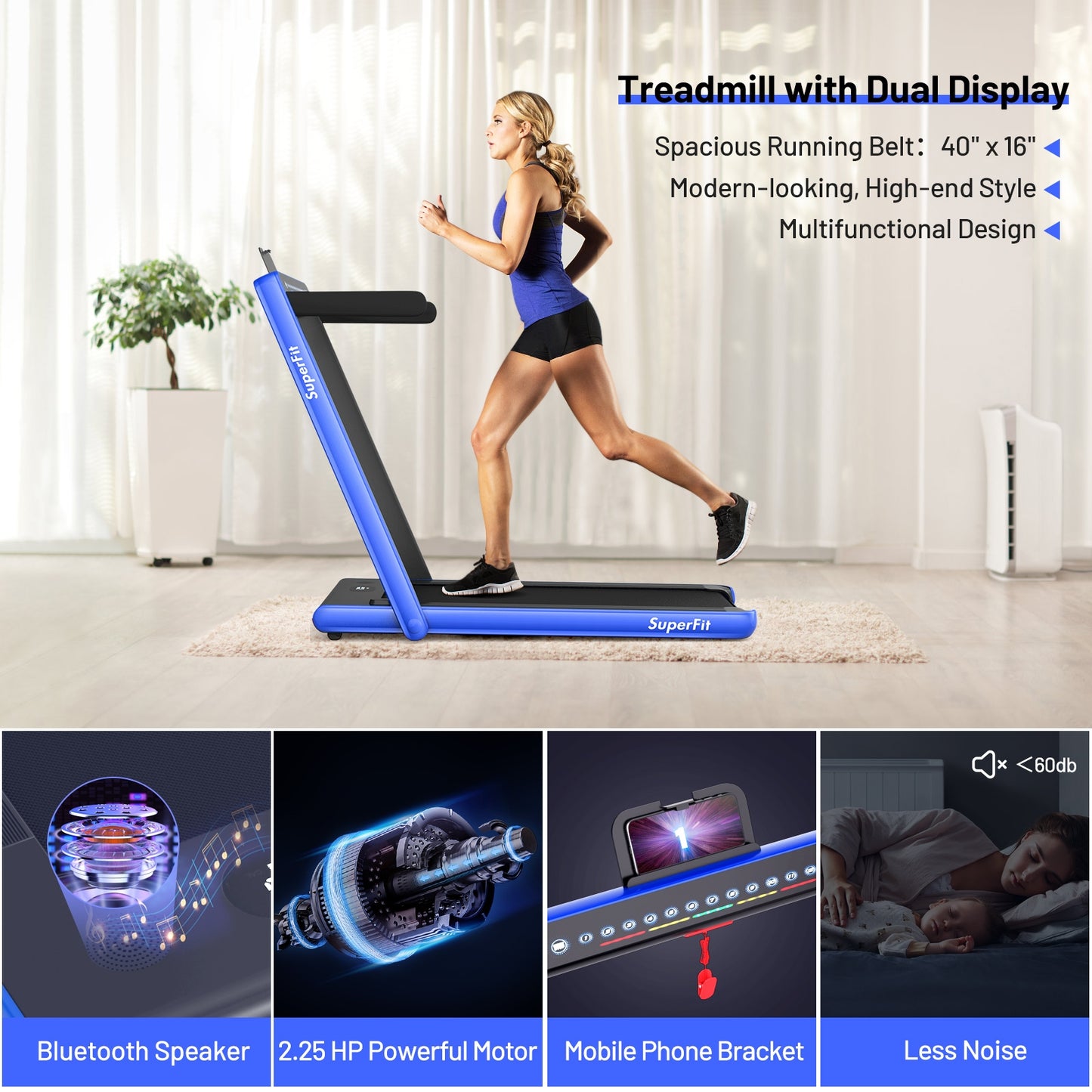 2-in-1 Electric Motorized Health and Fitness Folding Treadmill with Dual Display-Blue Kids Crystal