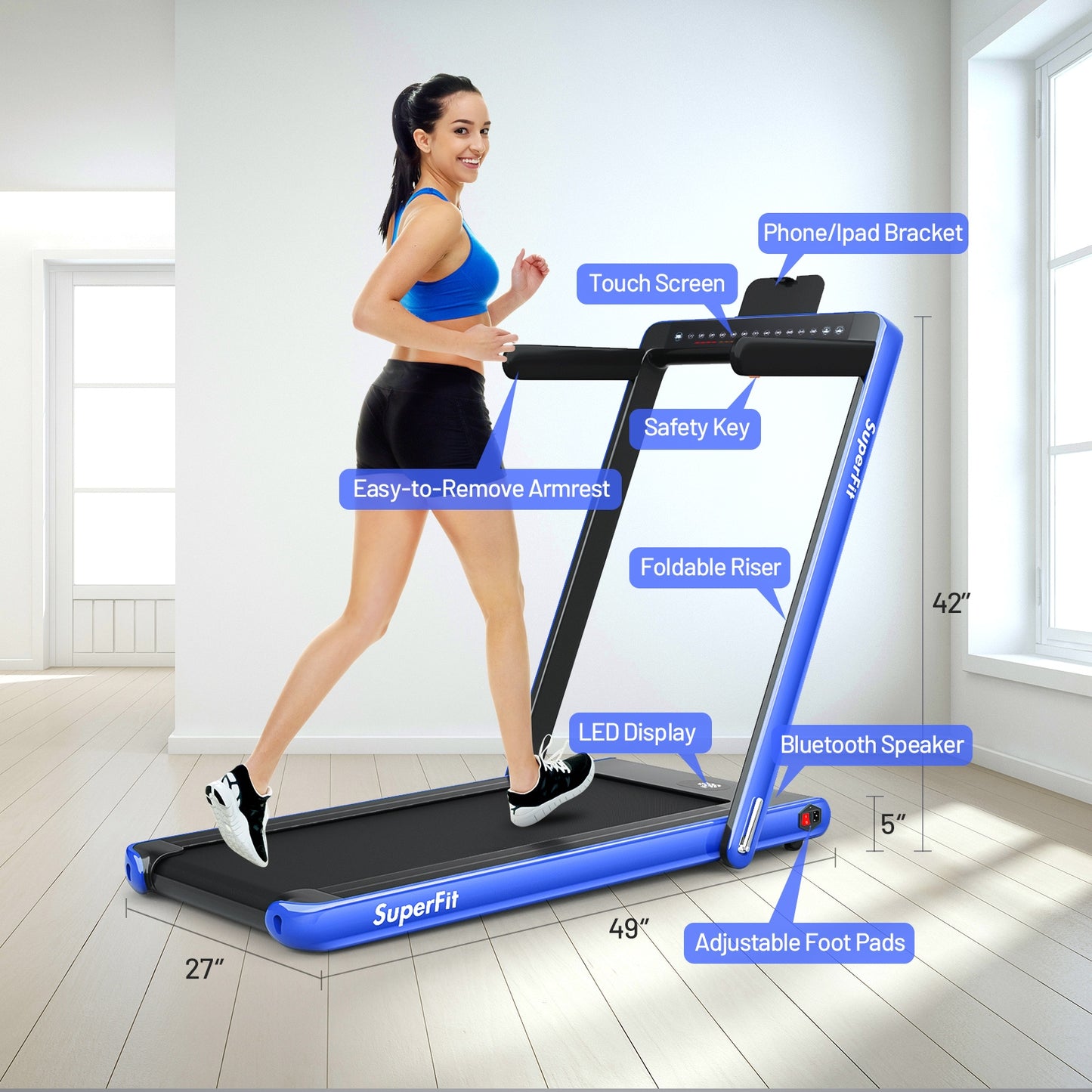 2-in-1 Electric Motorized Health and Fitness Folding Treadmill with Dual Display-Blue Kids Crystal