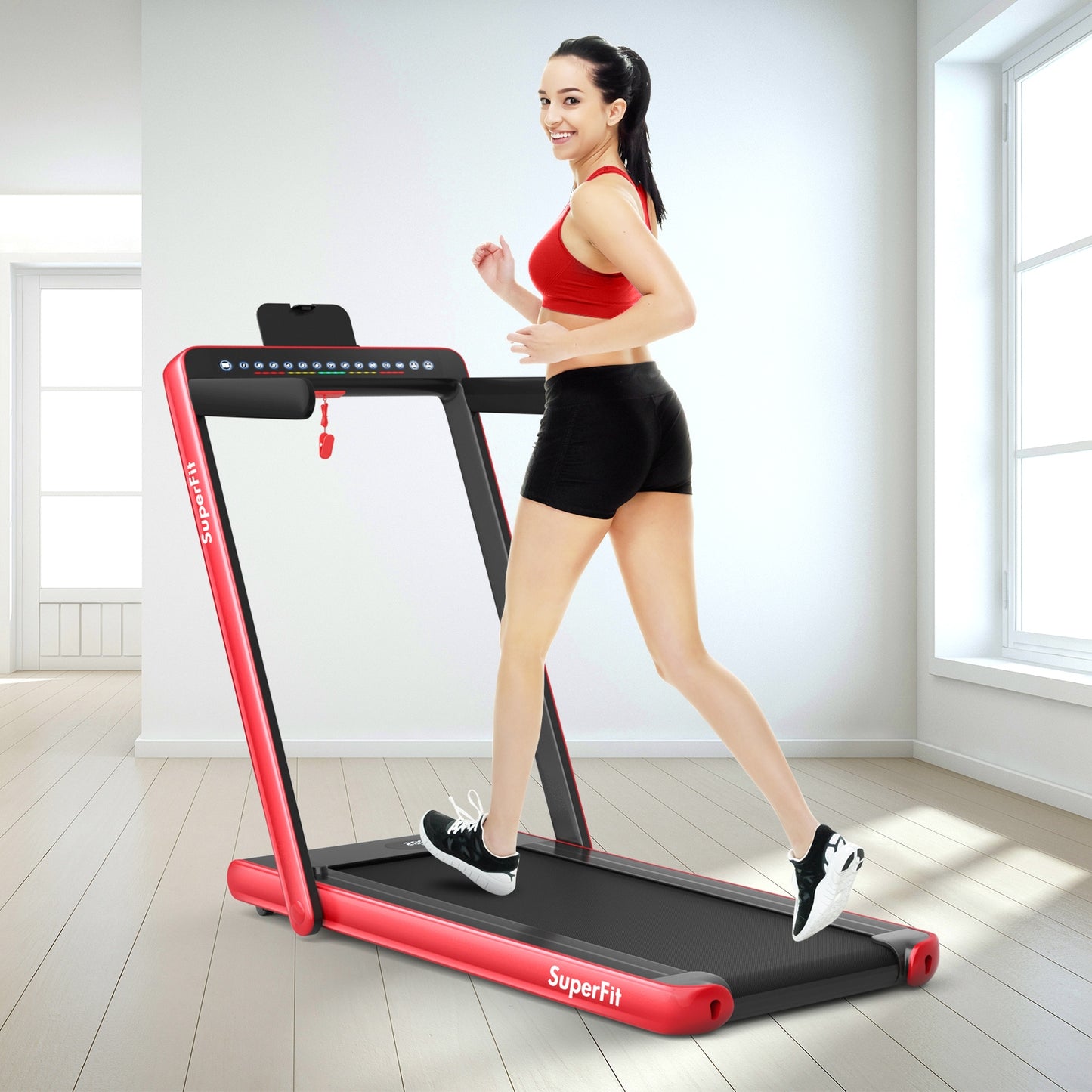 2-in-1 Electric Motorized Health and Fitness Folding Treadmill with Dual Display and Speaker-Red Kids Crystal