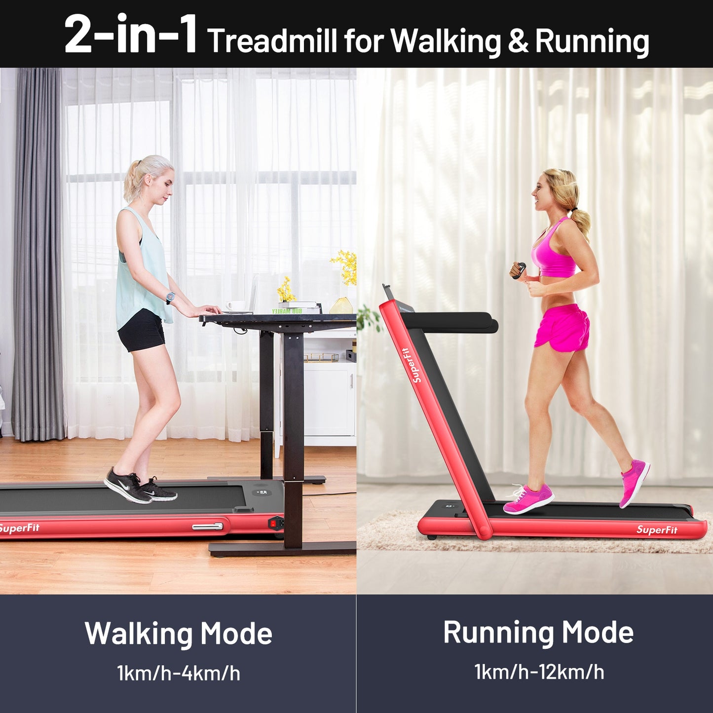 2-in-1 Electric Motorized Health and Fitness Folding Treadmill with Dual Display and Speaker-Red Kids Crystal