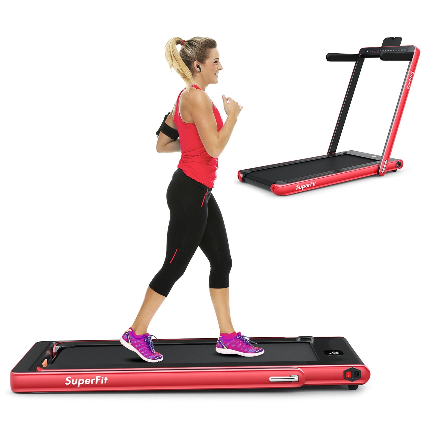 2-in-1 Electric Motorized Health and Fitness Folding Treadmill with Dual Display and Speaker-Red Kids Crystal