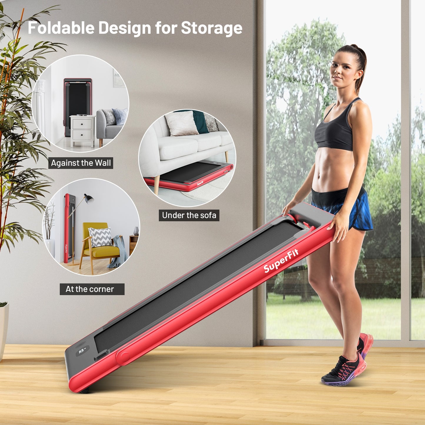 2-in-1 Electric Motorized Health and Fitness Folding Treadmill with Dual Display and Speaker-Red Kids Crystal