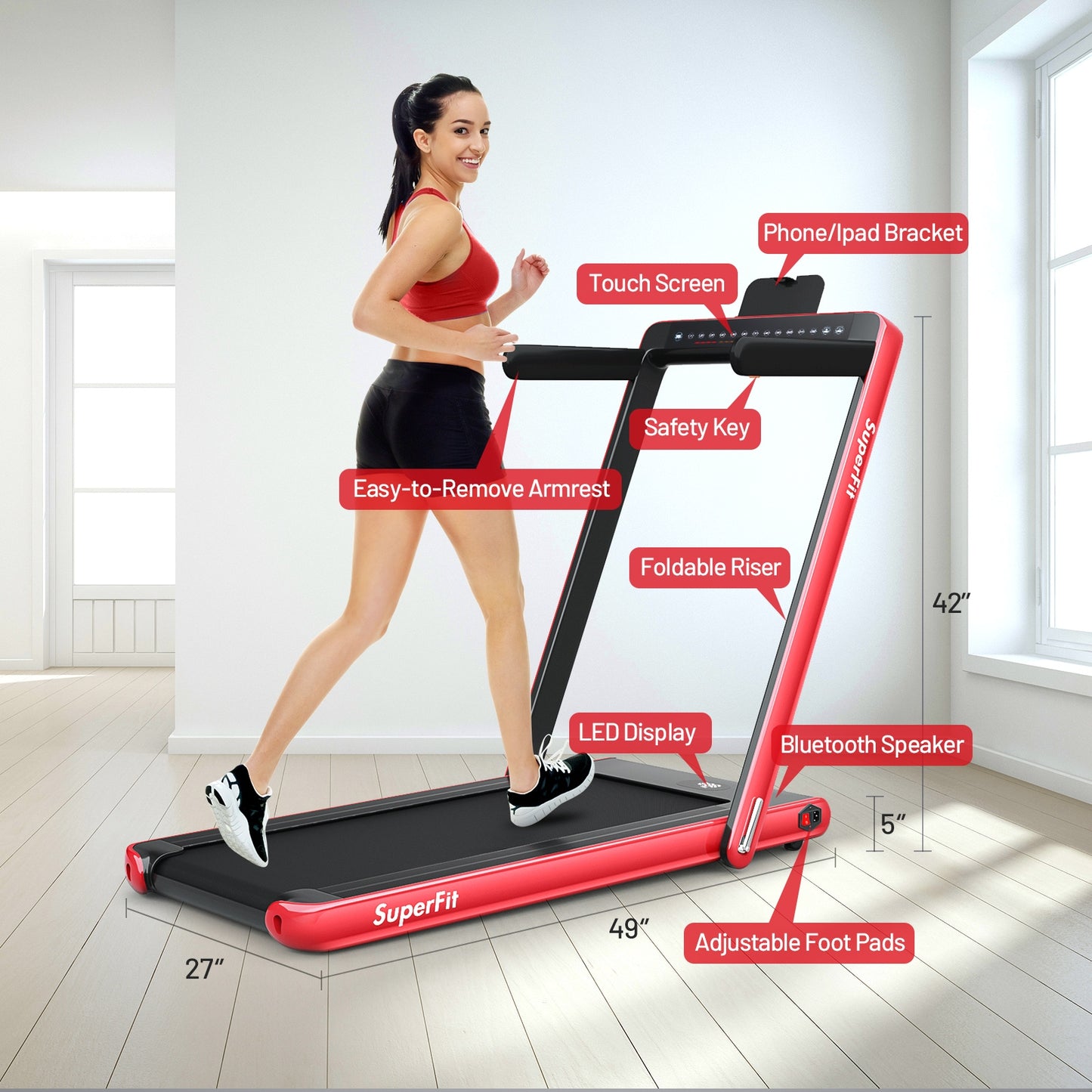 2-in-1 Electric Motorized Health and Fitness Folding Treadmill with Dual Display and Speaker-Red Kids Crystal