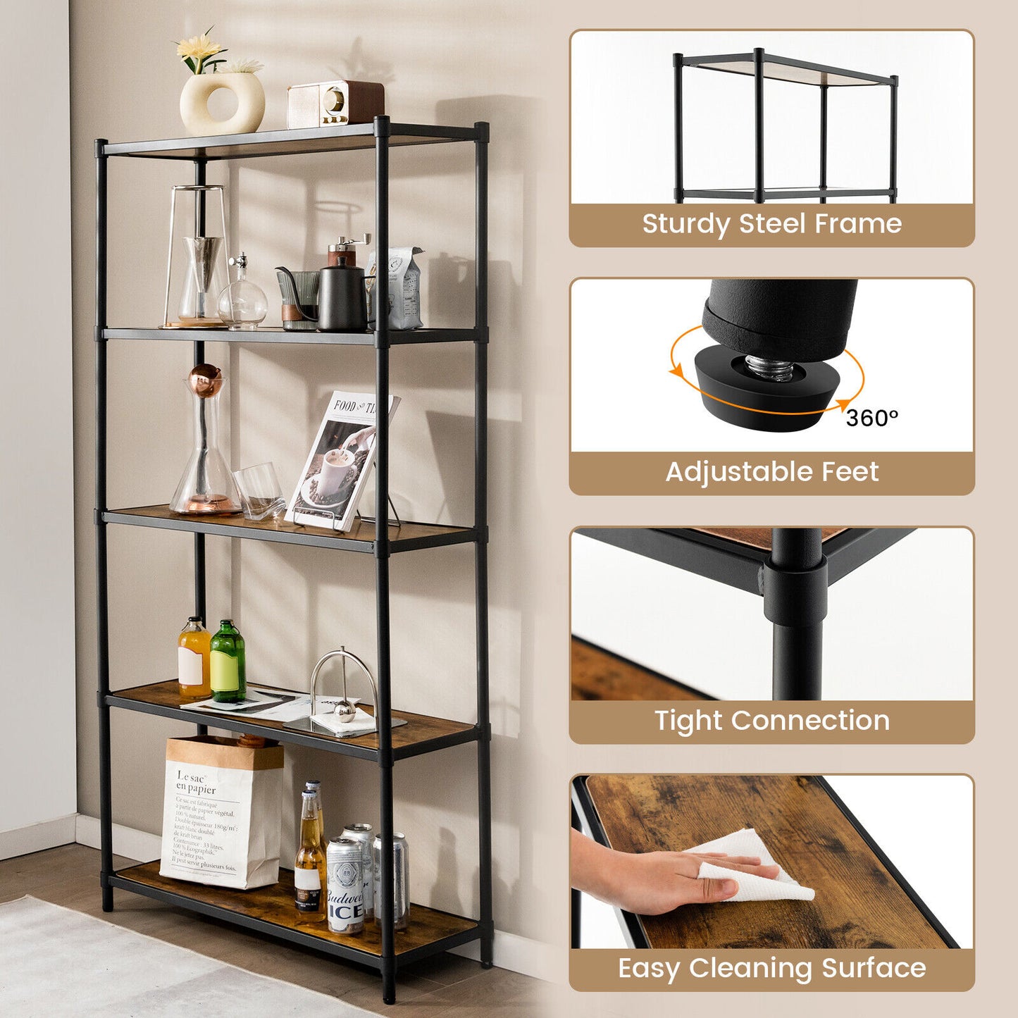 5 Tiers 61 Inch Multi-use Bookshelf with Metal Frame-Black Kids Crystal