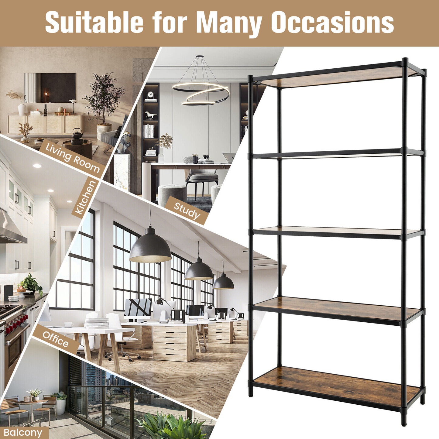 5 Tiers 61 Inch Multi-use Bookshelf with Metal Frame-Black Kids Crystal