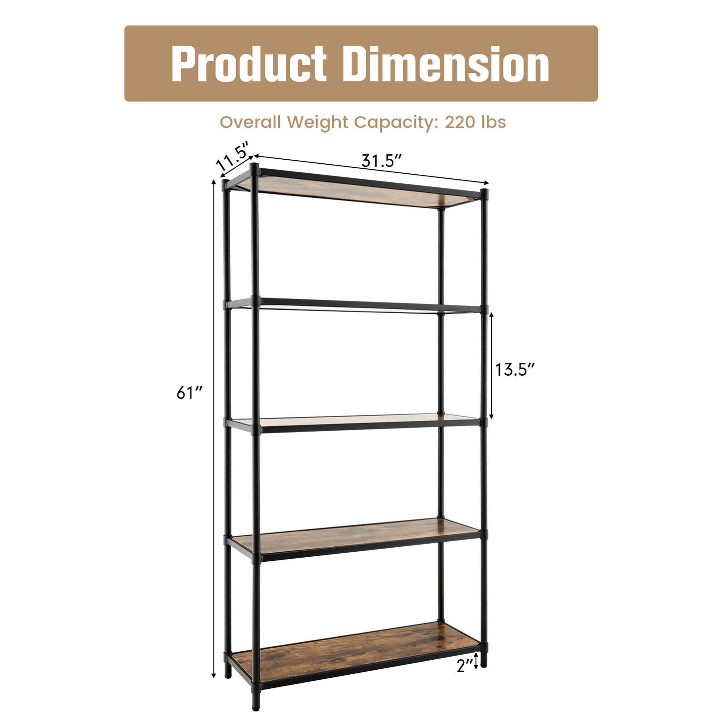 5 Tiers 61 Inch Multi-use Bookshelf with Metal Frame-Black Kids Crystal