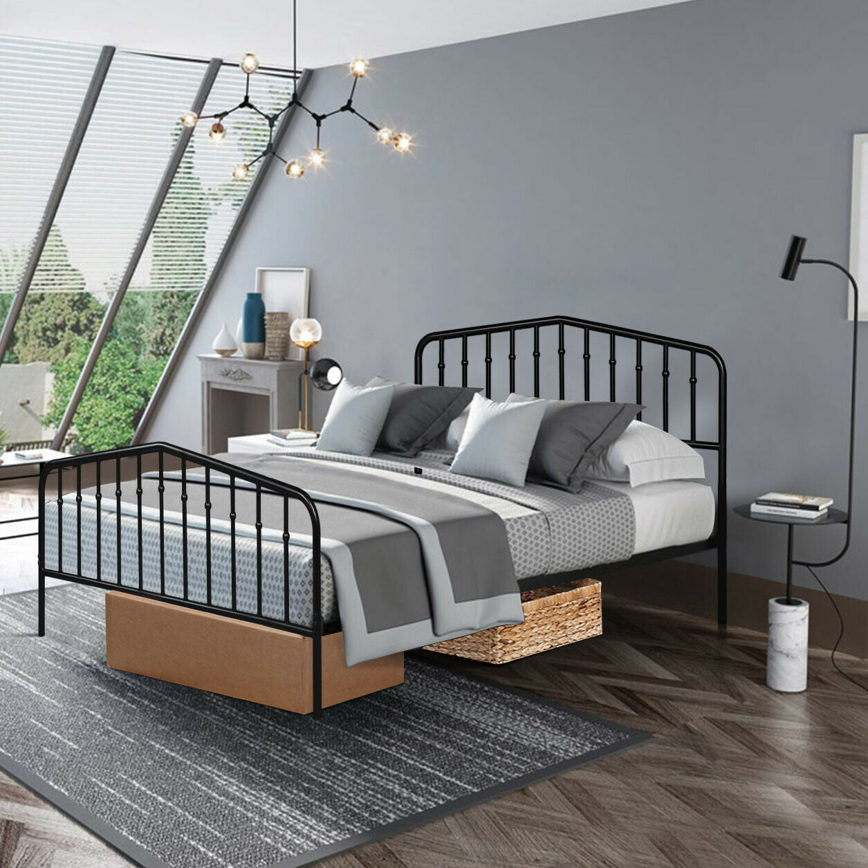 Queen Size Metal Bed Frame Steel Slat Platform Kids Crystal