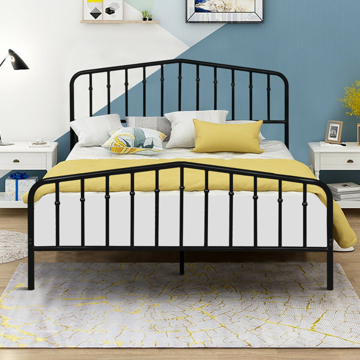 Queen Size Metal Bed Frame Steel Slat Platform Kids Crystal