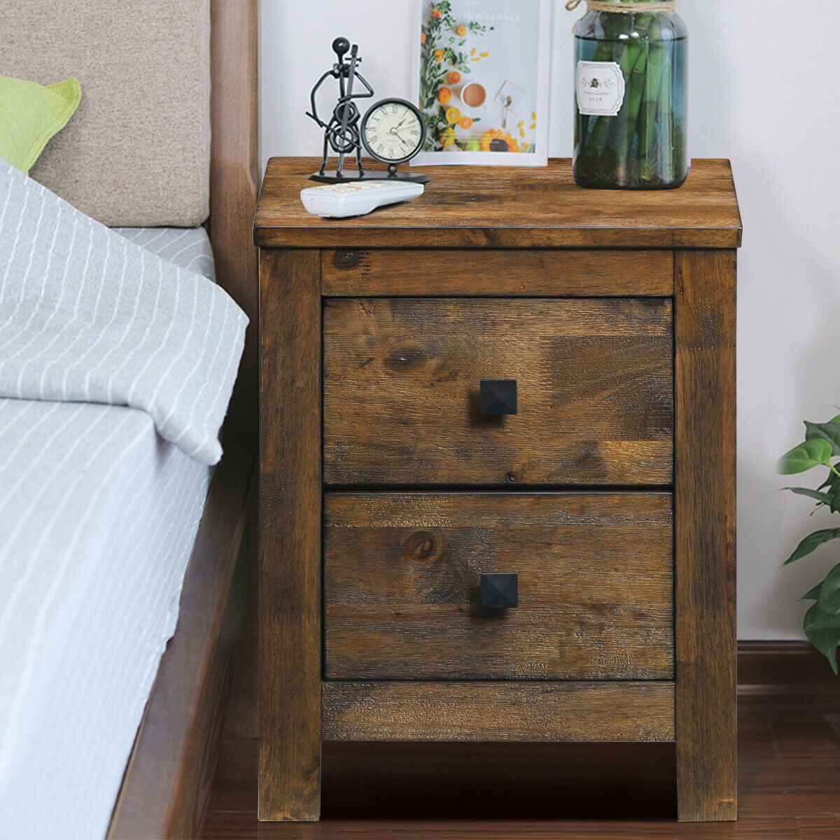 Wood 2 Storage Sliding Drawers End Nightstand-Oak Kids Crystal