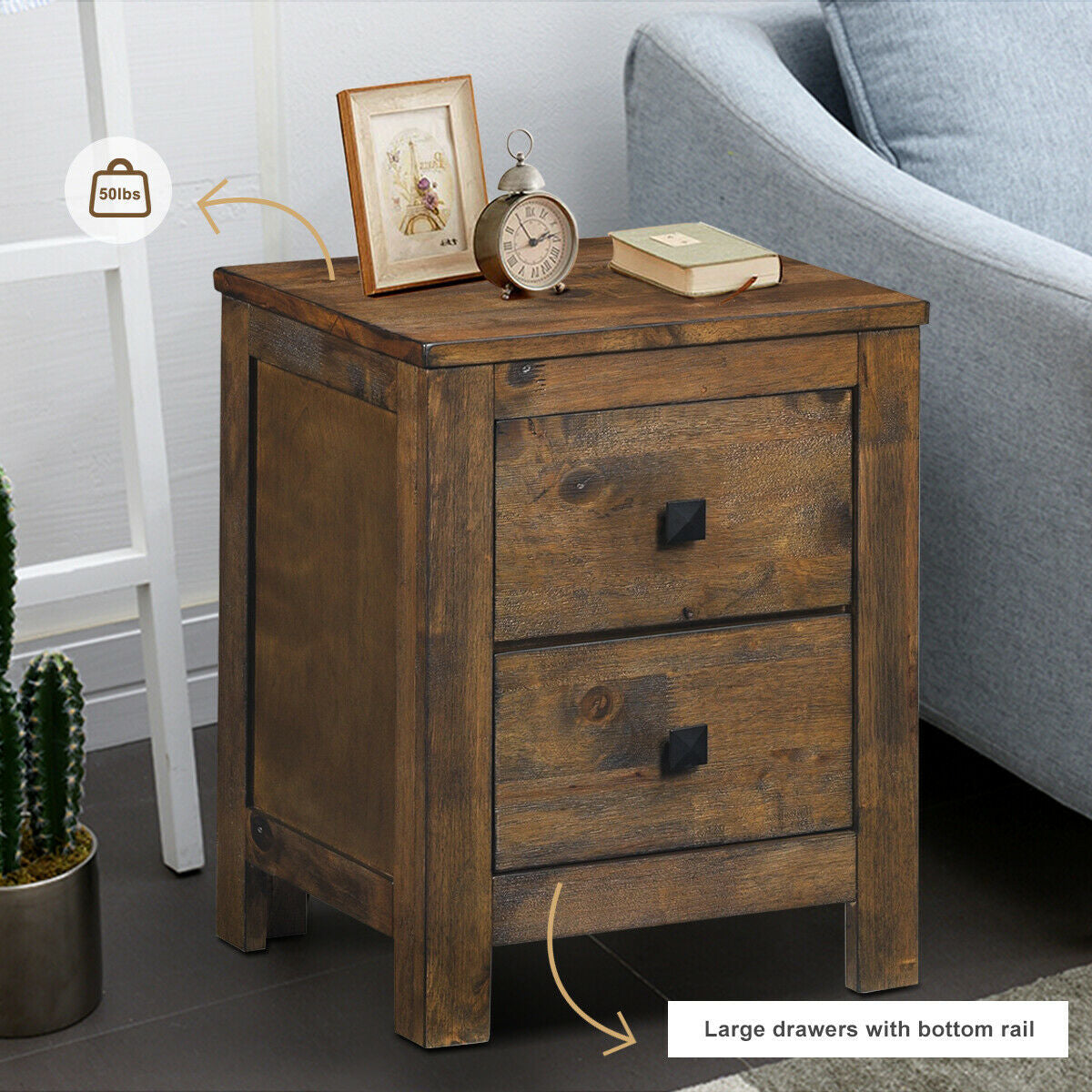 Wood 2 Storage Sliding Drawers End Nightstand-Oak Kids Crystal