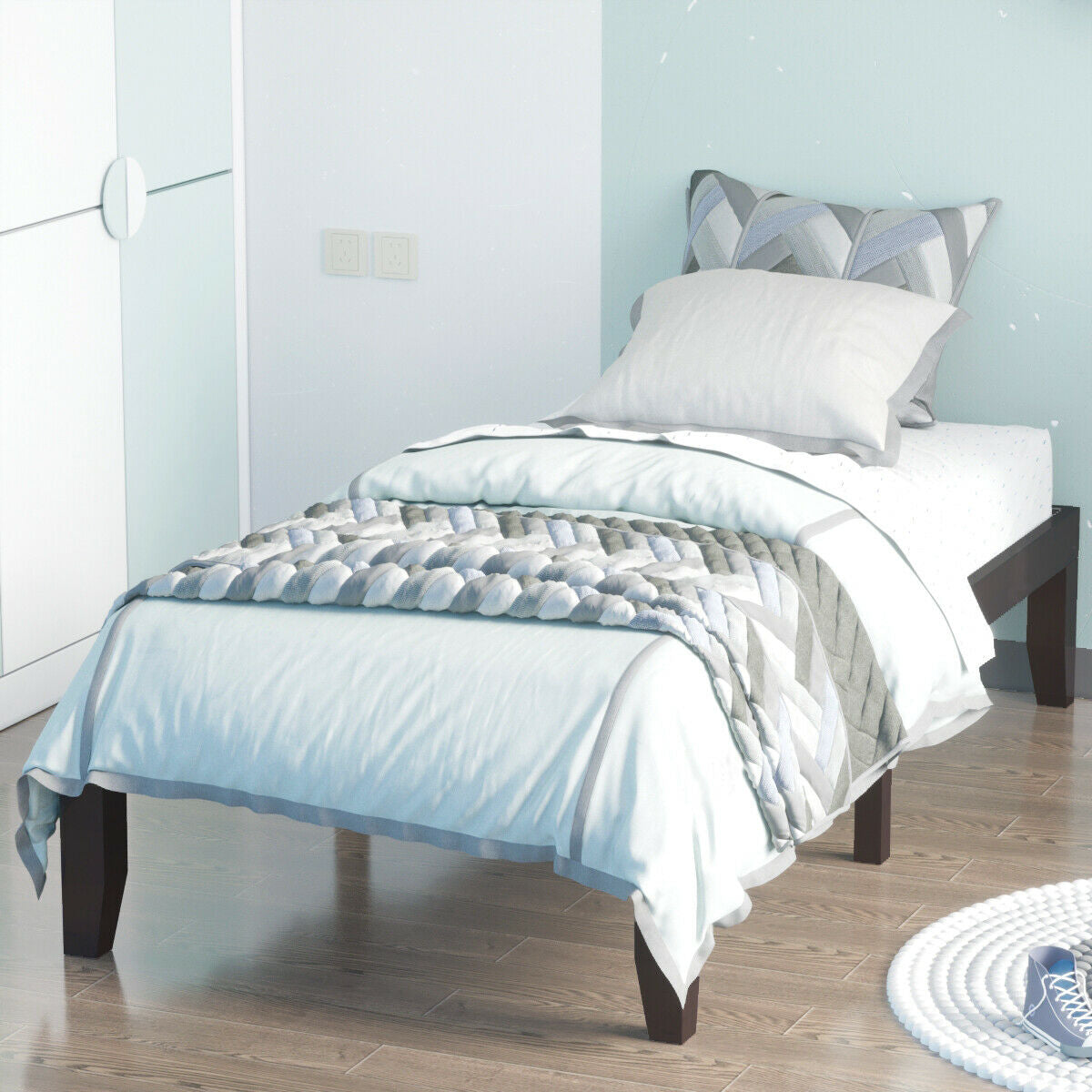 Twin Size 14 Inch Wooden Slats Bed Mattress Frame-Brown Kids Crystal