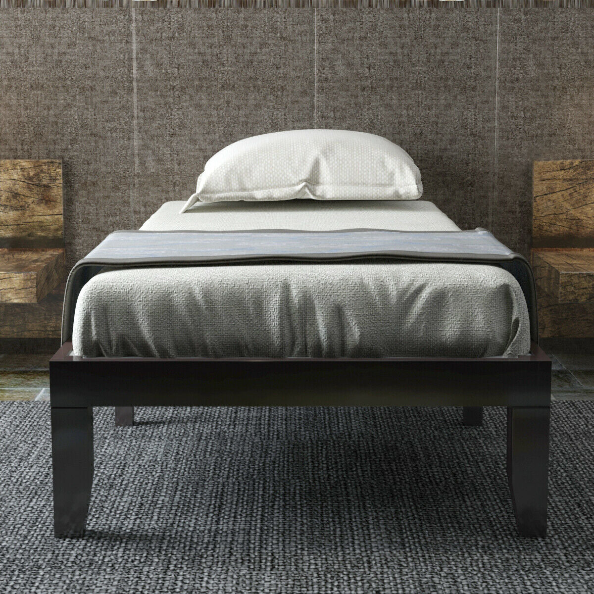 Twin Size 14 Inch Wooden Slats Bed Mattress Frame-Brown Kids Crystal