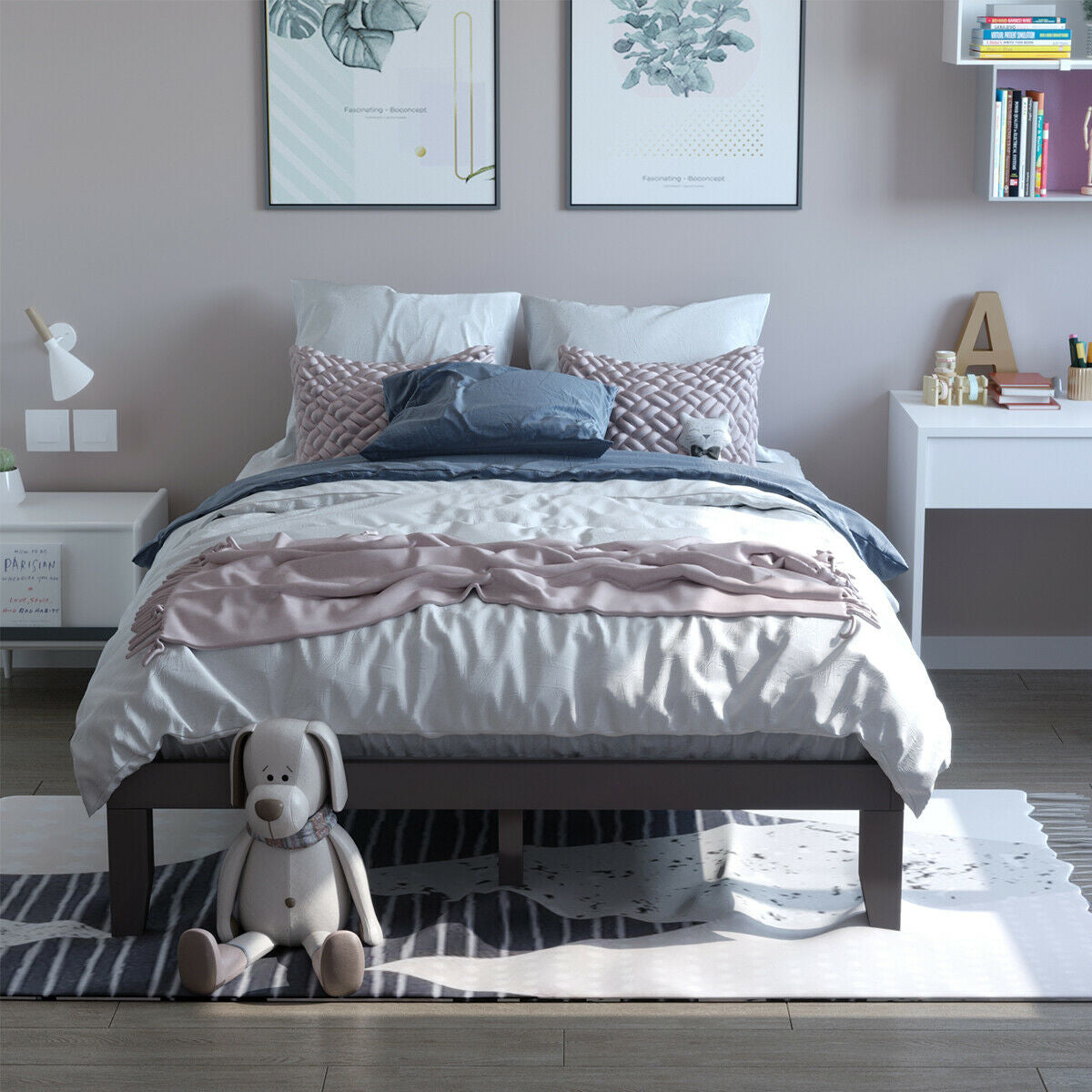 Queen Size 14 Inch Wooden Bed Mattress Frame-Brown Kids Crystal