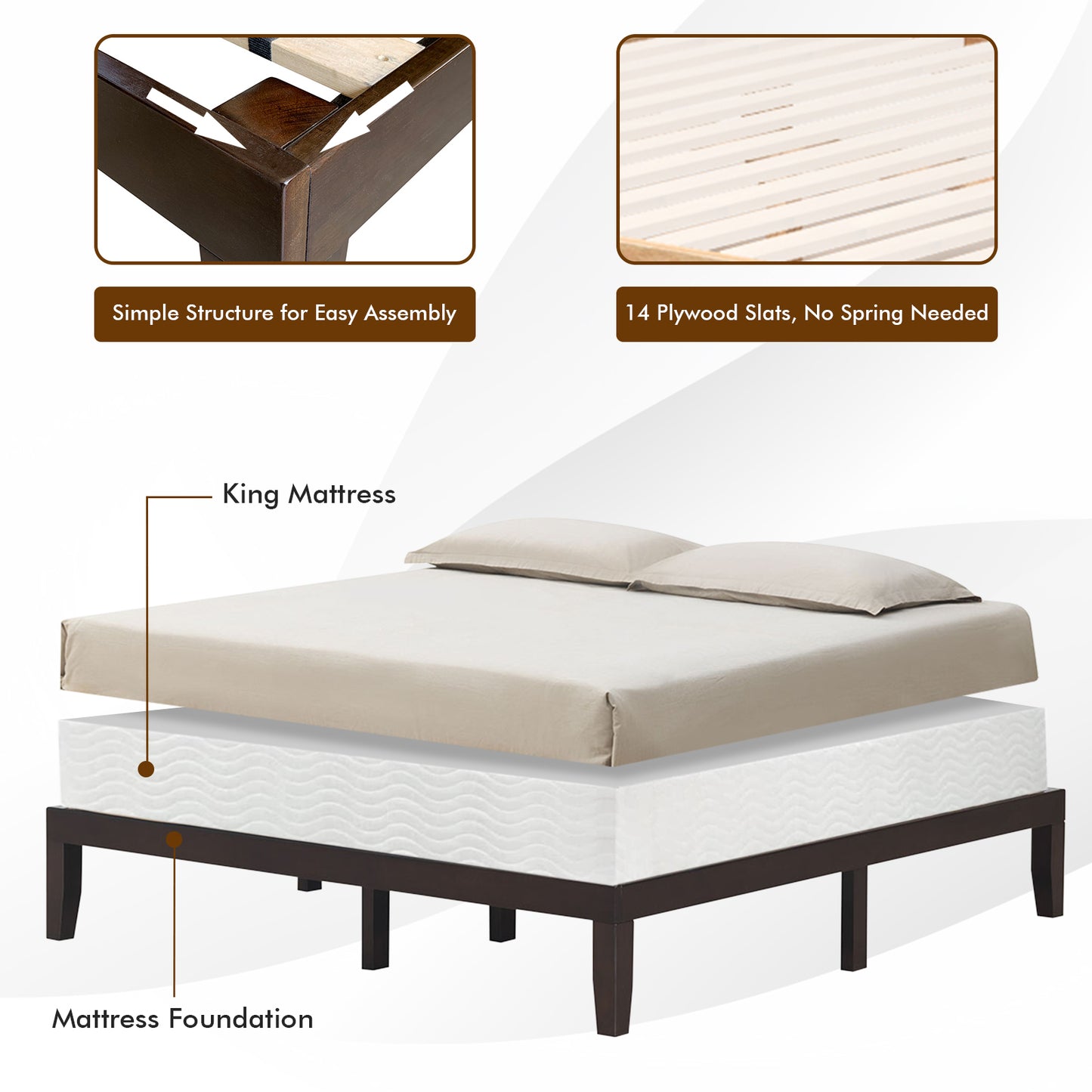 14 Inch King Size Wood Platform Bed Frame-Brown Kids Crystal