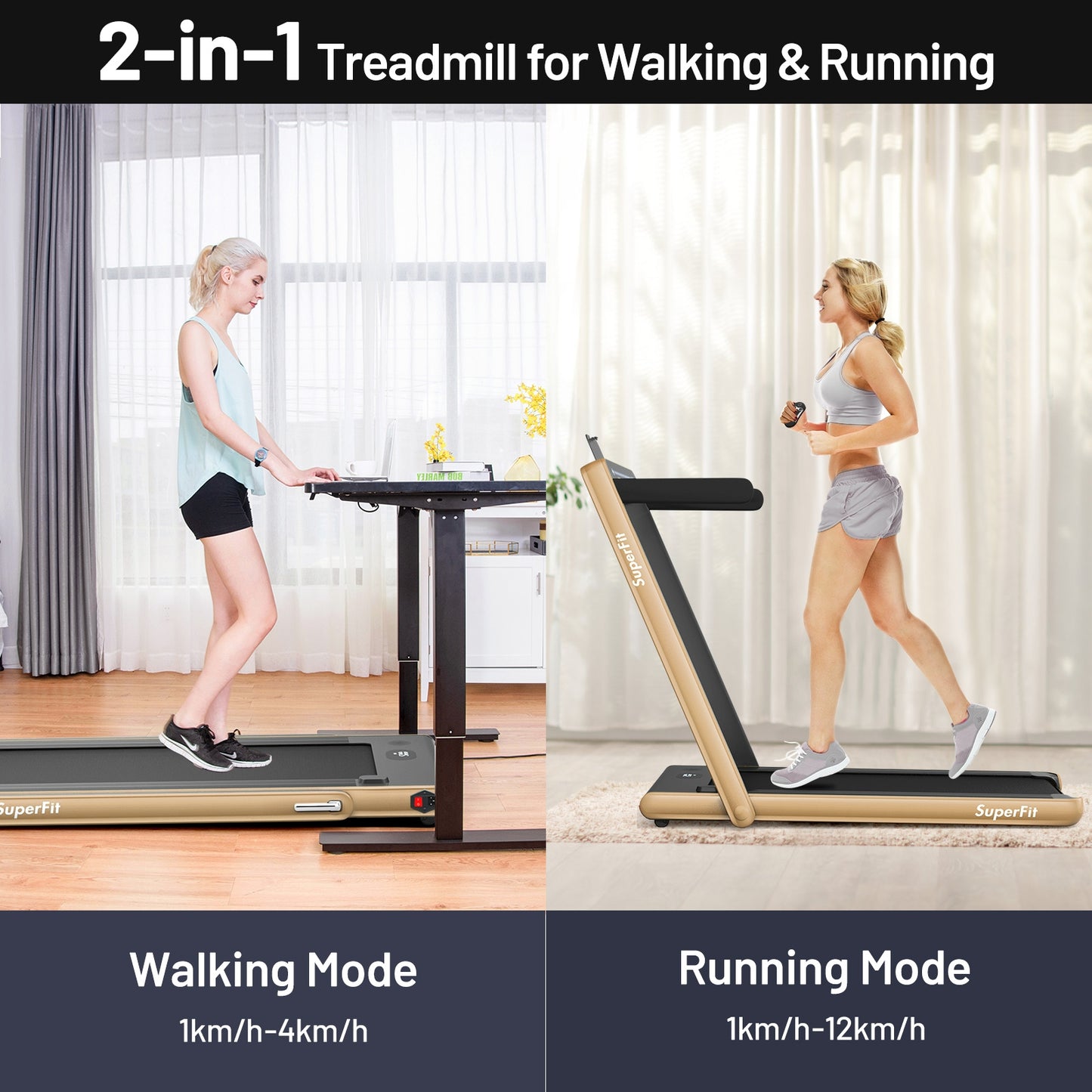 2-in-1 Electric Motorized Health and Fitness Folding Treadmill with Dual Display and Speaker-Yellow Kids Crystal