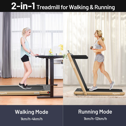 2-in-1 Electric Motorized Health and Fitness Folding Treadmill with Dual Display and Speaker-Yellow