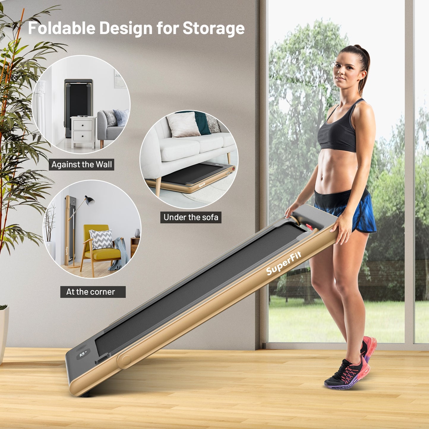2-in-1 Electric Motorized Health and Fitness Folding Treadmill with Dual Display and Speaker-Yellow Kids Crystal