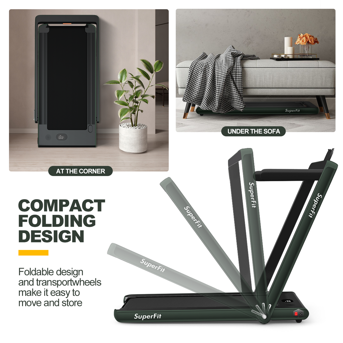 2-in-1 Electric Motorized Health and Fitness Folding Treadmill with Dual Display and Speaker-Green Kids Crystal