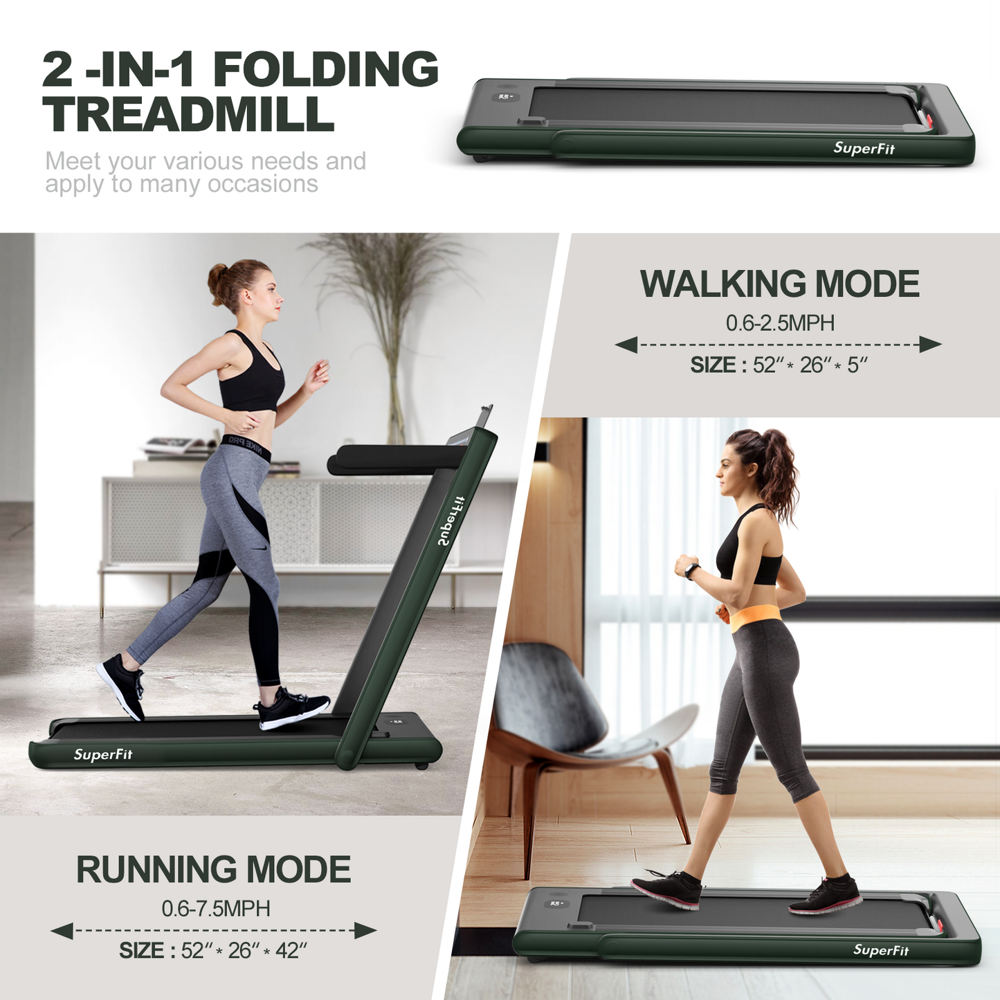 2-in-1 Electric Motorized Health and Fitness Folding Treadmill with Dual Display and Speaker-Green Kids Crystal