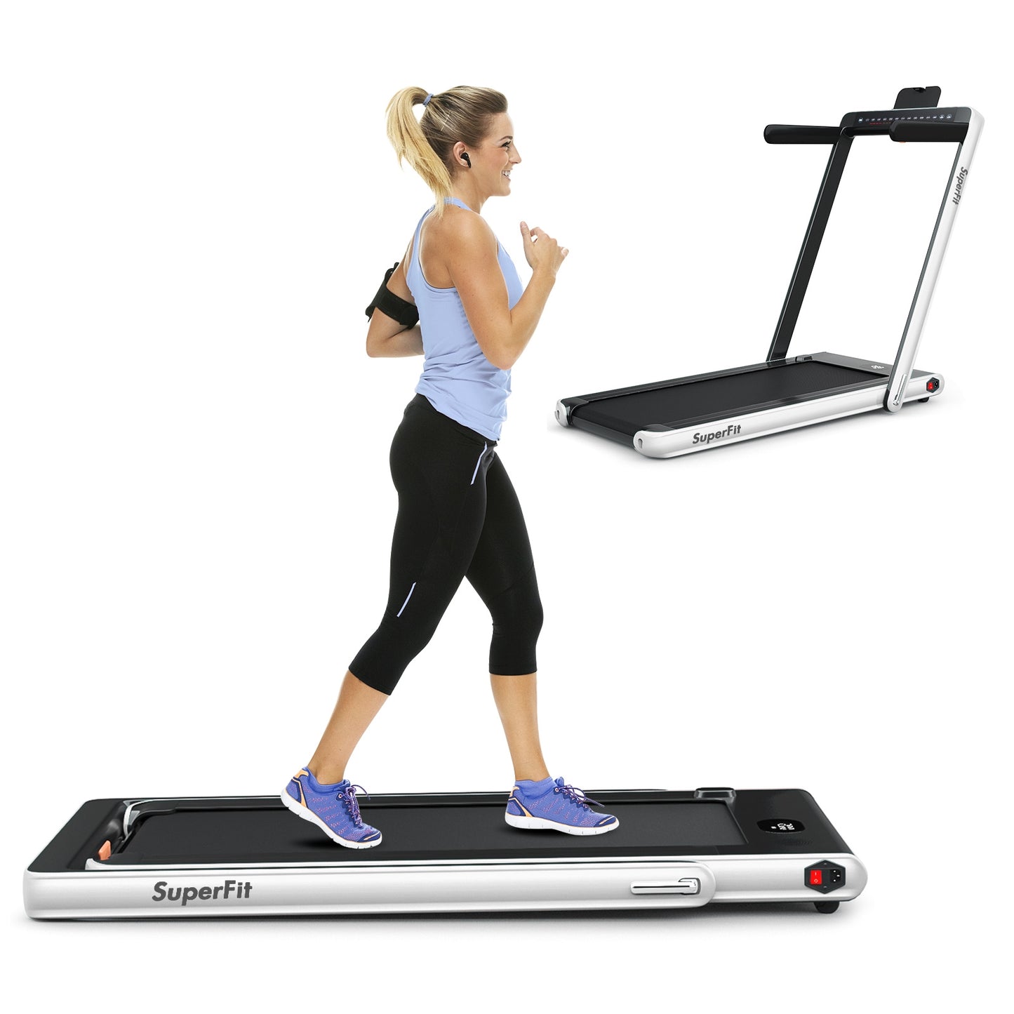 2-in-1 Electric Motorized Health and Fitness Folding Treadmill with Dual Display and Speaker-White Kids Crystal