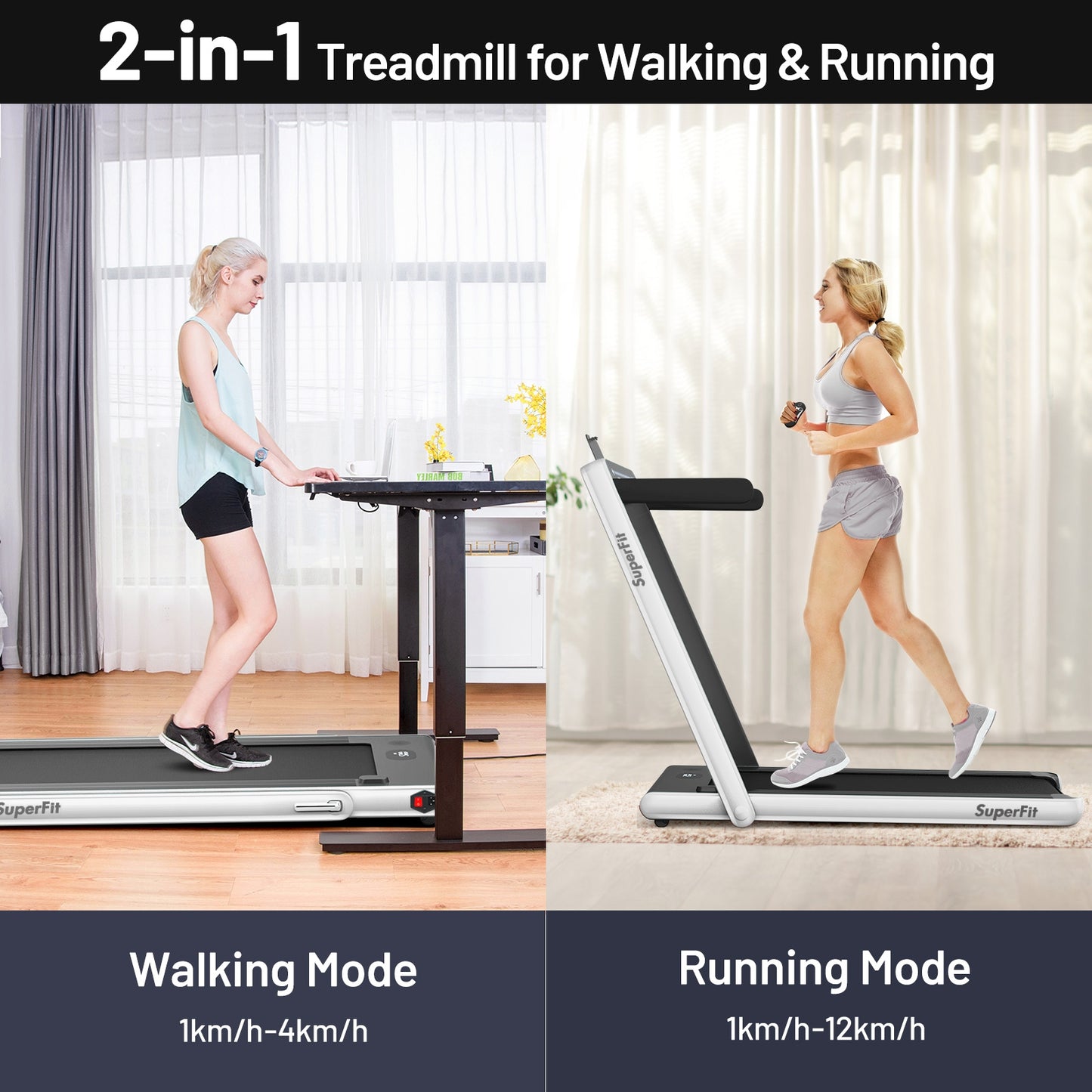 2-in-1 Electric Motorized Health and Fitness Folding Treadmill with Dual Display and Speaker-White Kids Crystal