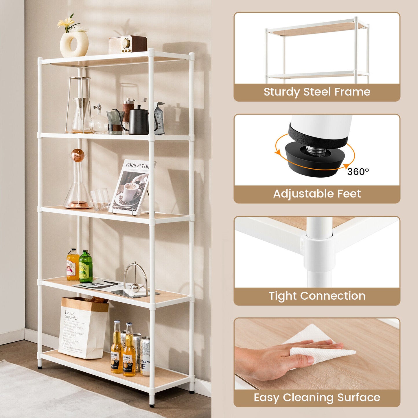5 Tiers 61 Inch Multi-use Bookshelf with Metal Frame-White Kids Crystal