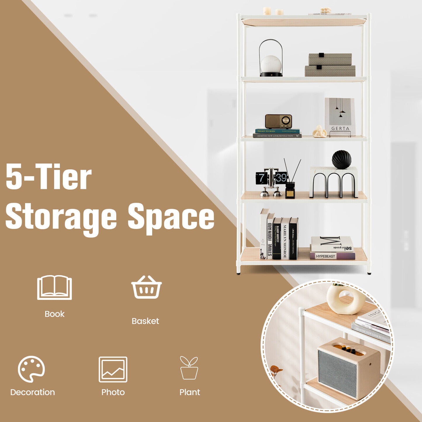 5 Tiers 61 Inch Multi-use Bookshelf with Metal Frame-White Kids Crystal