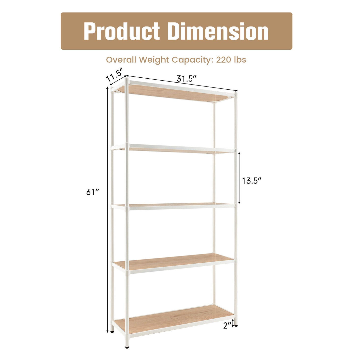 5 Tiers 61 Inch Multi-use Bookshelf with Metal Frame-White Kids Crystal
