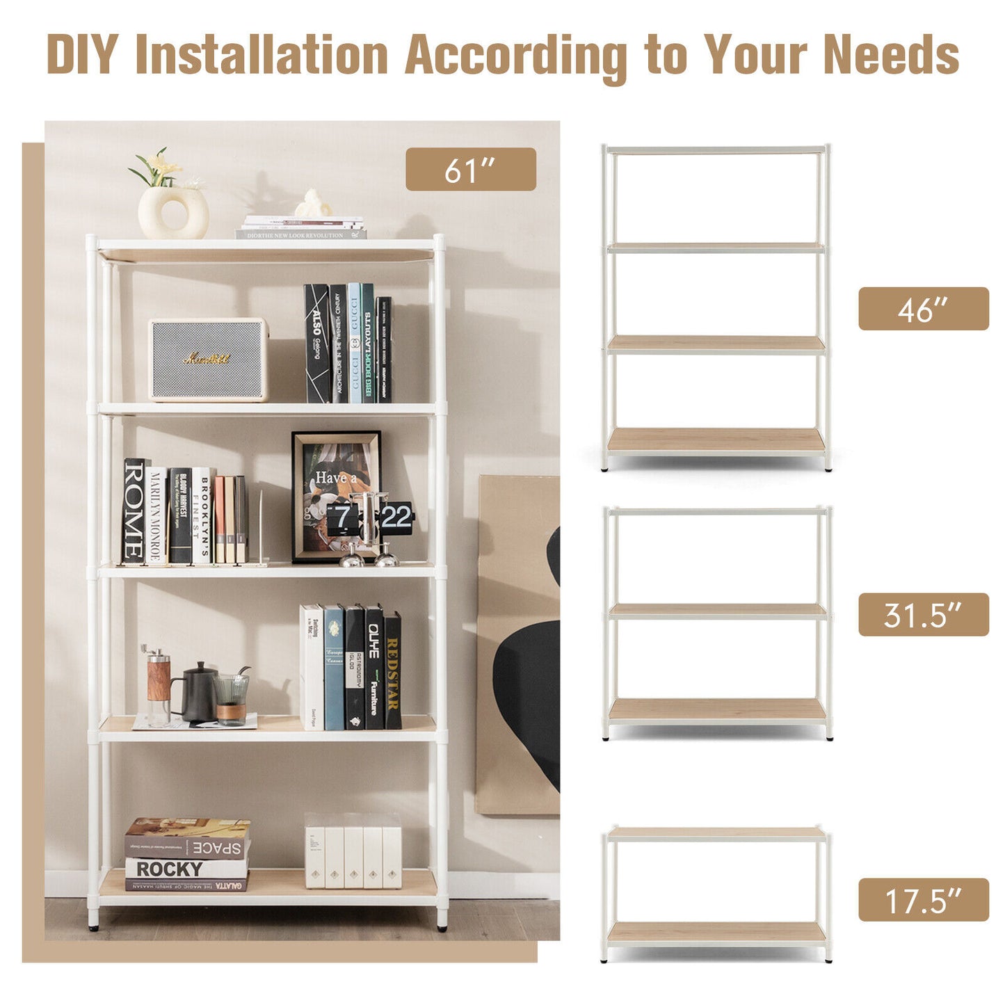 5 Tiers 61 Inch Multi-use Bookshelf with Metal Frame-White Kids Crystal