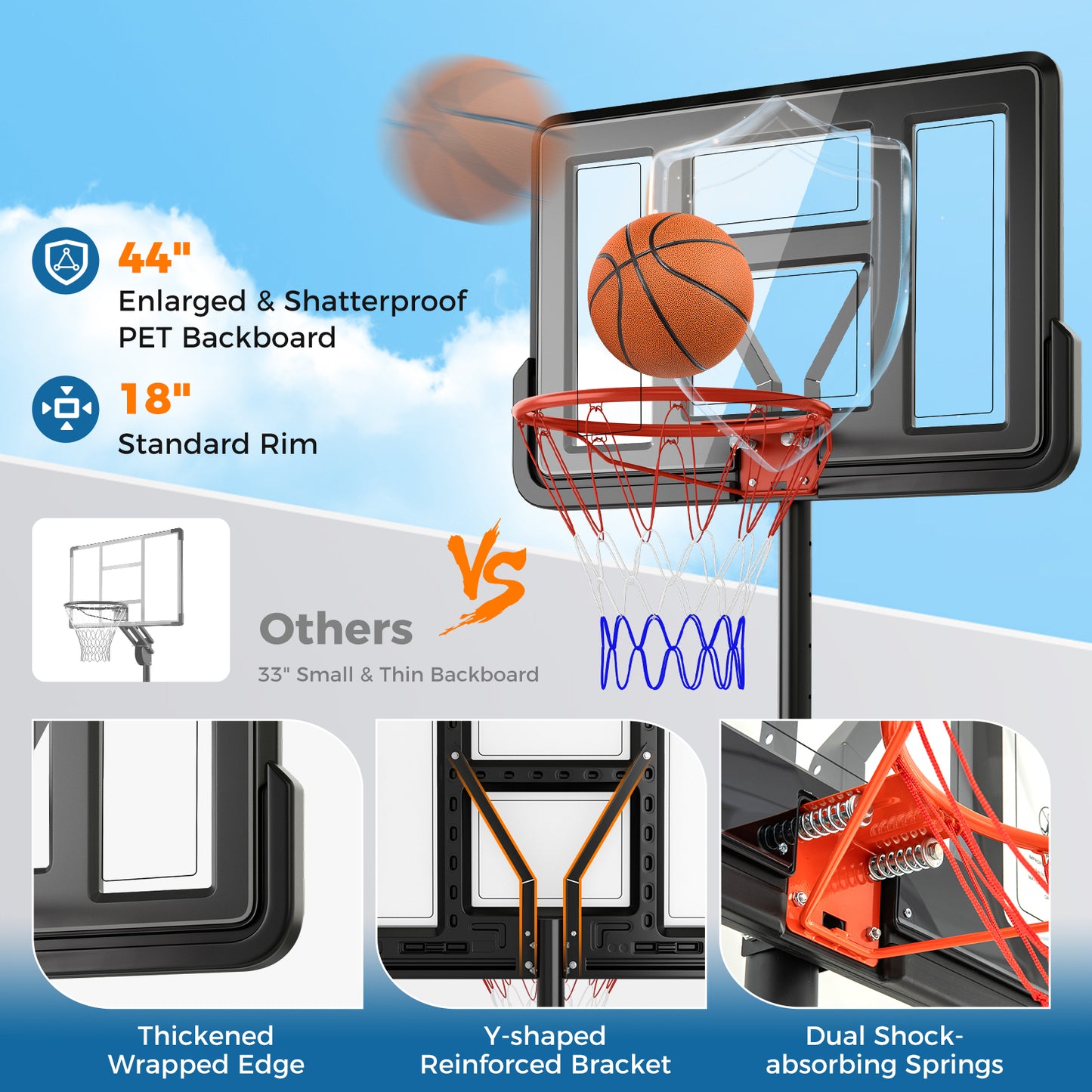 4.4-10 Feet Portable Basketball Hoop Adjustable with 2 Wheels and Fillable Base-Black Kids Crystal