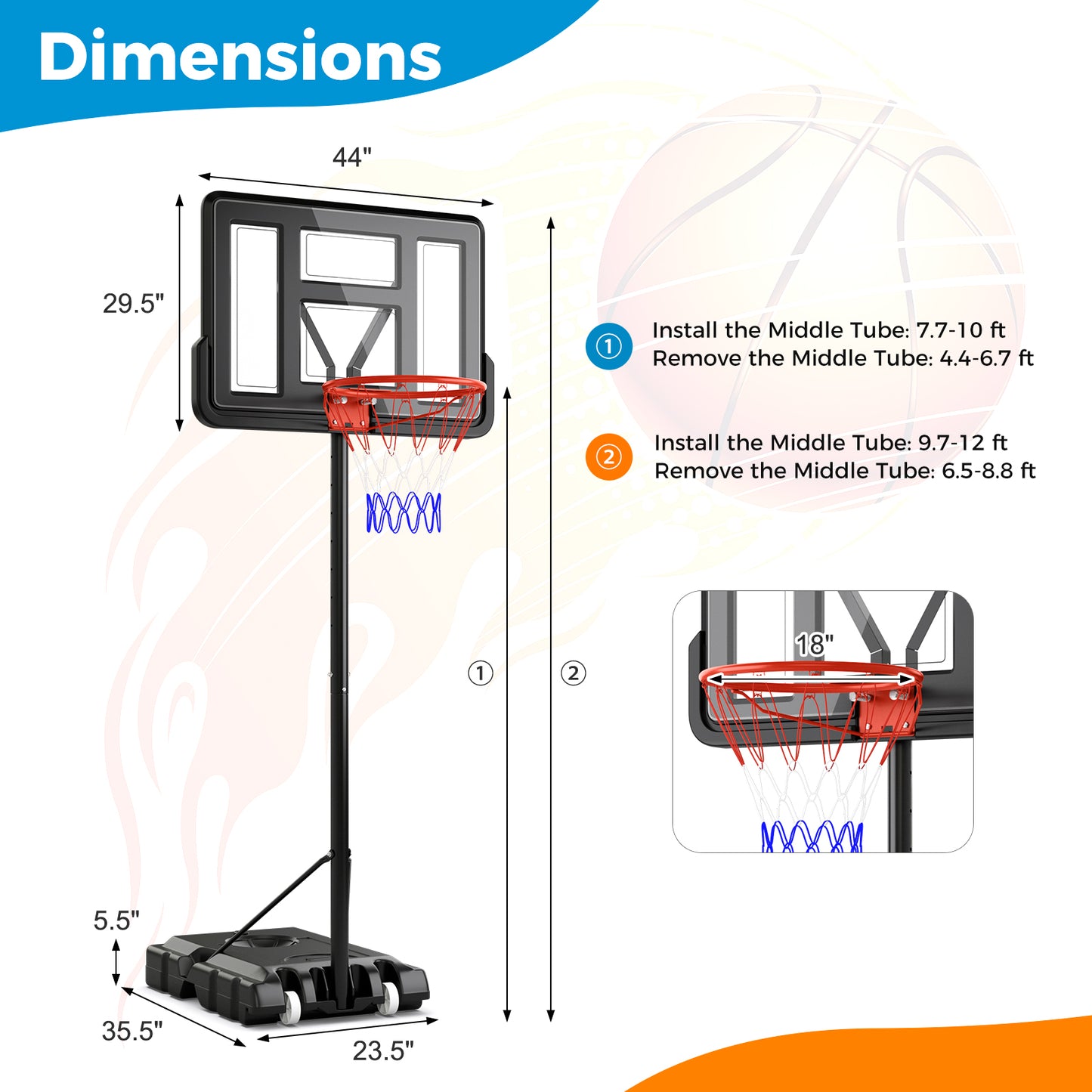 4.4-10 Feet Portable Basketball Hoop Adjustable with 2 Wheels and Fillable Base-Black Kids Crystal