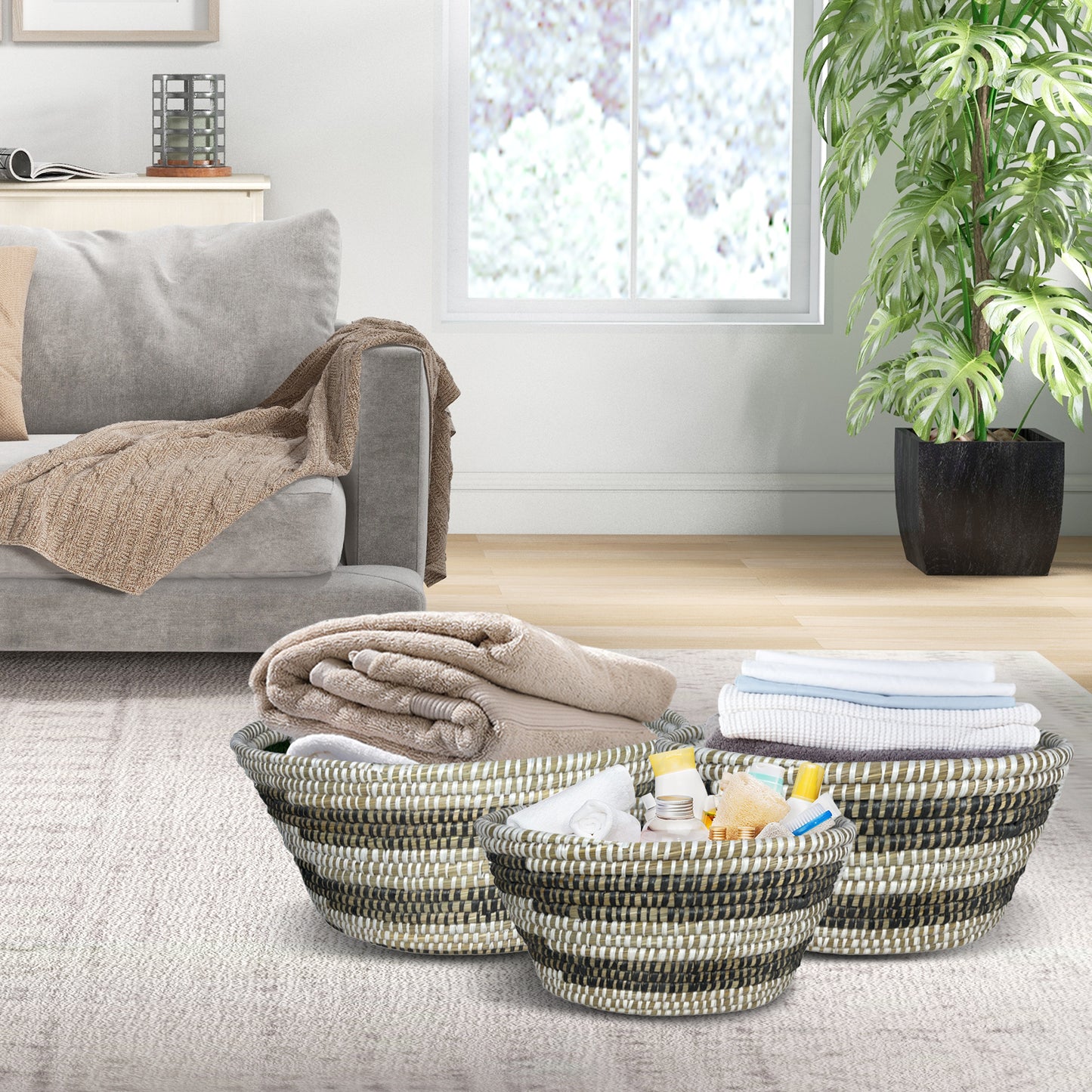 Natural Canes Grass Baskets Stackable Storage Bins Set of 3 with Hollowed Handles Kids Crystal