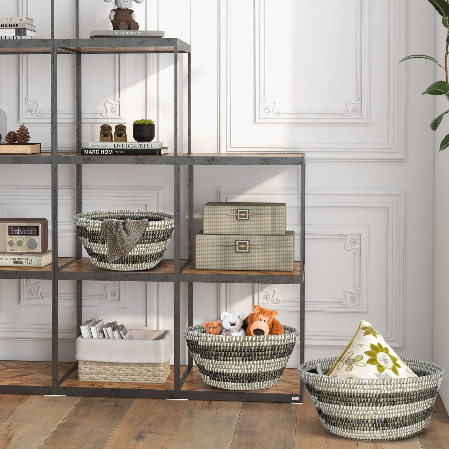 Natural Canes Grass Baskets Stackable Storage Bins Set of 3 with Hollowed Handles Kids Crystal