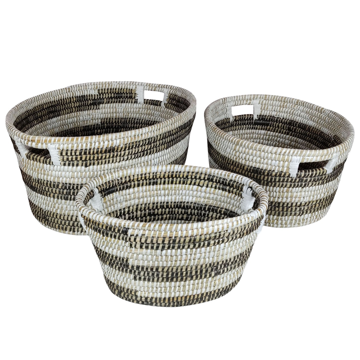 Natural Canes Grass Baskets Stackable Storage Bins Set of 3 with Hollowed Handles Kids Crystal