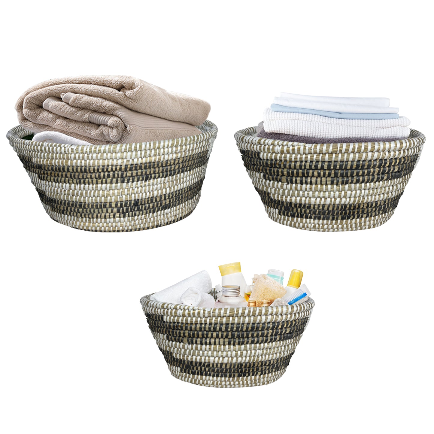 Natural Canes Grass Baskets Stackable Storage Bins Set of 3 with Hollowed Handles Kids Crystal