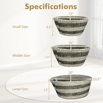 Natural Canes Grass Baskets Stackable Storage Bins Set of 3 with Hollowed Handles