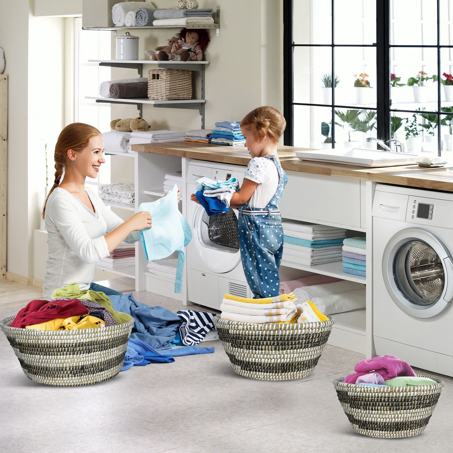 Natural Canes Grass Baskets Stackable Storage Bins Set of 3 with Hollowed Handles Kids Crystal
